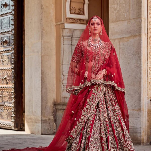Mahanoor - Dabka Zardozi Embroidered Pure Silk Red Bridal Lehenga Set