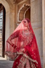 Mahanoor - Dabka Zardozi Embroidered Pure Silk Red Bridal Lehenga Set - Image 2