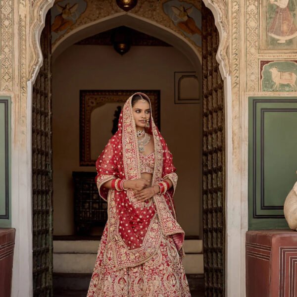 Sanaa - Dabka Zardozi Embroidered Raw Silk Red Bridal Lehenga Set
