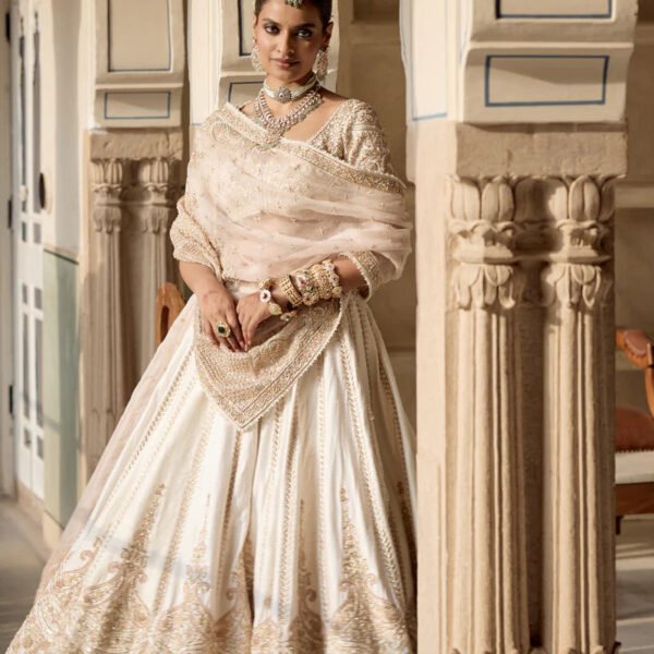 Farah - Dabka Zardozi Embroidered Pure Silk Daisy Ivory Lehenga Set