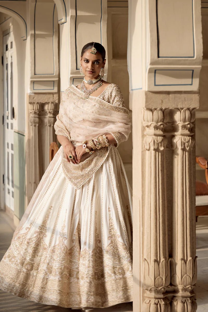 22_0f1d169e-f7aa-484f-8cc7-f0cc4242f4ff.jpg Farah - Dabka Zardozi Embroidered Pure Silk Daisy Ivory Lehenga Set - Image 1