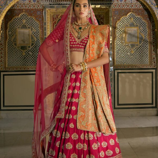 Maira - Dabka Zardozi Embroidered Raw Silk Rani Hotpink Bridal Lehenga Set