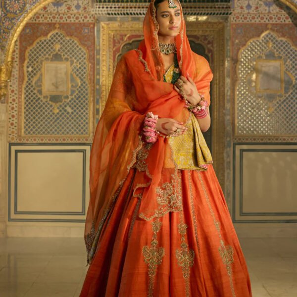 Naazila - Dabka Zardozi Embroidered Raw Silk Burnt Orange Lehenga Set