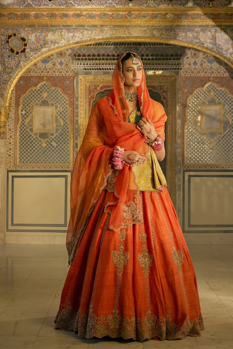 7_e87daacd-ddae-4b0f-8581-b617414492b2.jpg Naazila - Dabka Zardozi Embroidered Raw Silk Burnt Orange Lehenga Set - Image 1
