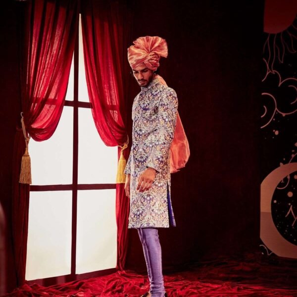 Violet Paper Dolls Mukaish Heavy Kali Sherwani with Dupion Pants