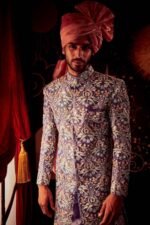 Violet Paper Dolls Mukaish Heavy Kali Sherwani with Dupion Pants - Image 6