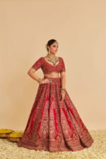Mahanoor - Dabka Zardozi Embroidered Pure Silk Red Bridal Lehenga Set - Image 5