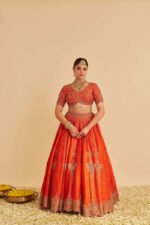 Naazila - Dabka Zardozi Embroidered Raw Silk Burnt Orange Lehenga Set - Image 3