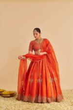 Naazila - Dabka Zardozi Embroidered Raw Silk Burnt Orange Lehenga Set - Image 7
