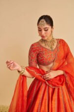 Naazila - Dabka Zardozi Embroidered Raw Silk Burnt Orange Lehenga Set - Image 8