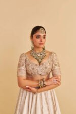 Farah - Dabka Zardozi Embroidered Pure Silk Daisy Ivory Lehenga Set - Image 4