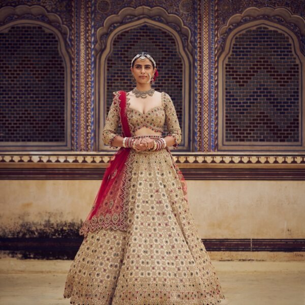 Gold Tissue Lehenga Choli Set with Red Dupatta