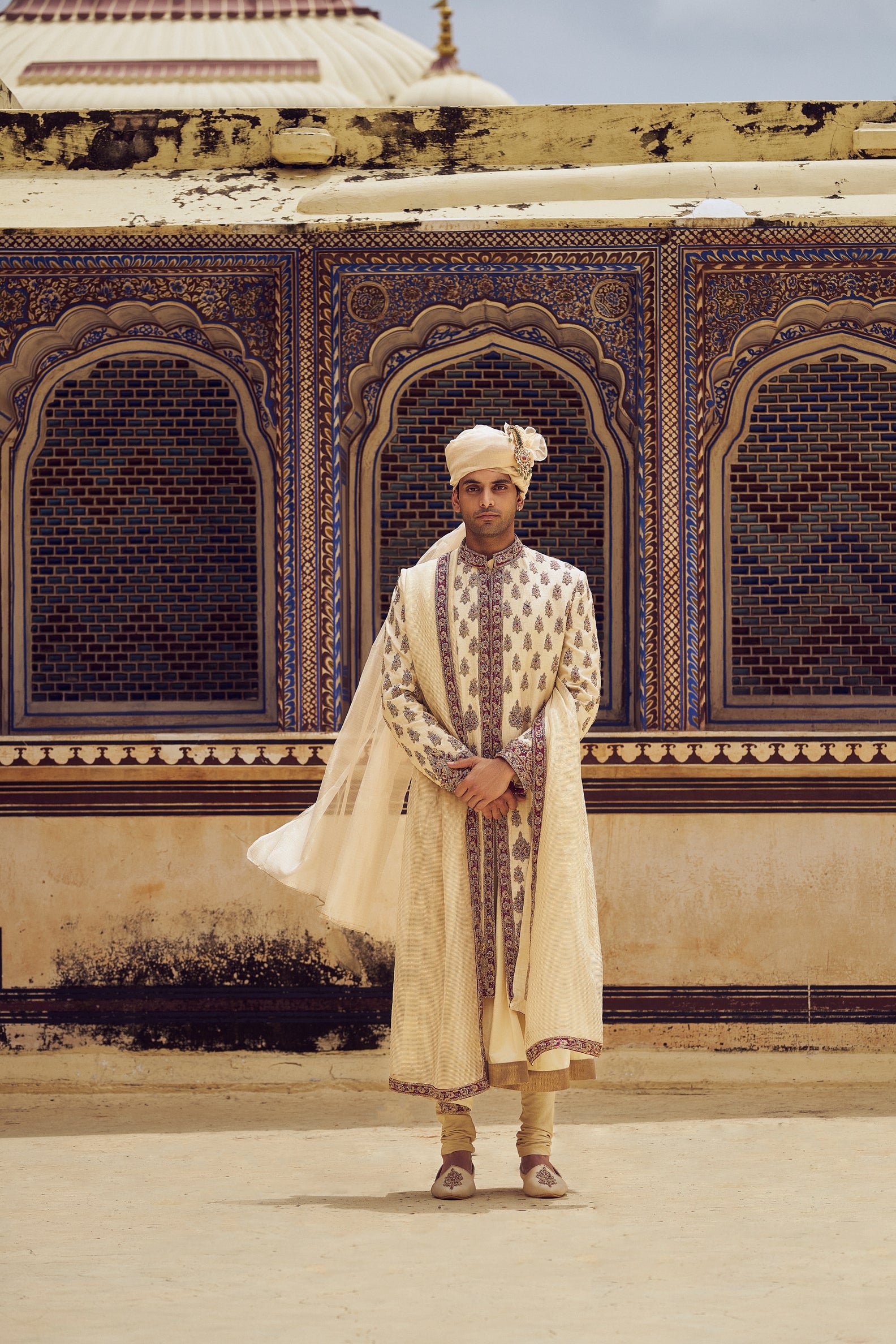 Nitika_Gujral_1460.jpg Beige Raw Silk Sherwani with a Cotton Silk Choga and Churidar - Image 1