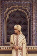 Beige Raw Silk Sherwani with a Cotton Silk Choga and Churidar - Image 3