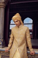 Gold Raw Silk Short Sherwani with a Satin Kurta and Dhoti - Image 3