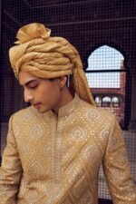 Gold Raw Silk Short Sherwani with a Satin Kurta and Dhoti - Image 4