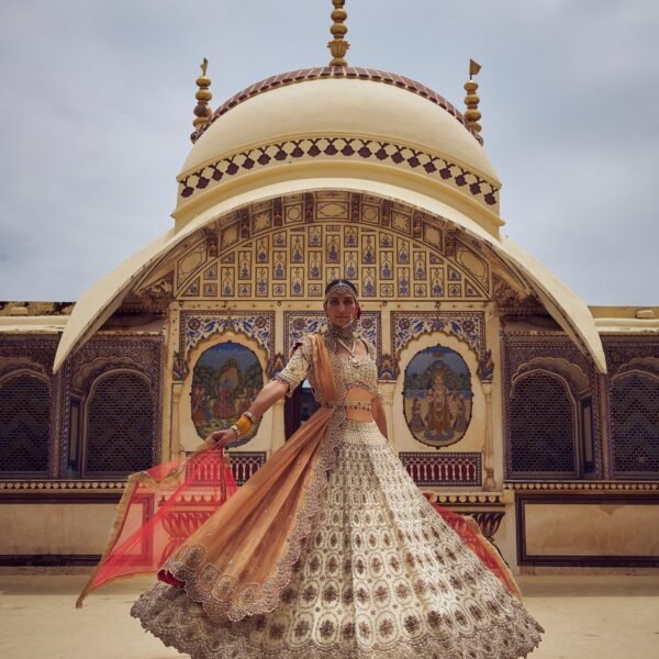 Gold Tissue Lehenga Choli with a Peach Tissue Dupatta