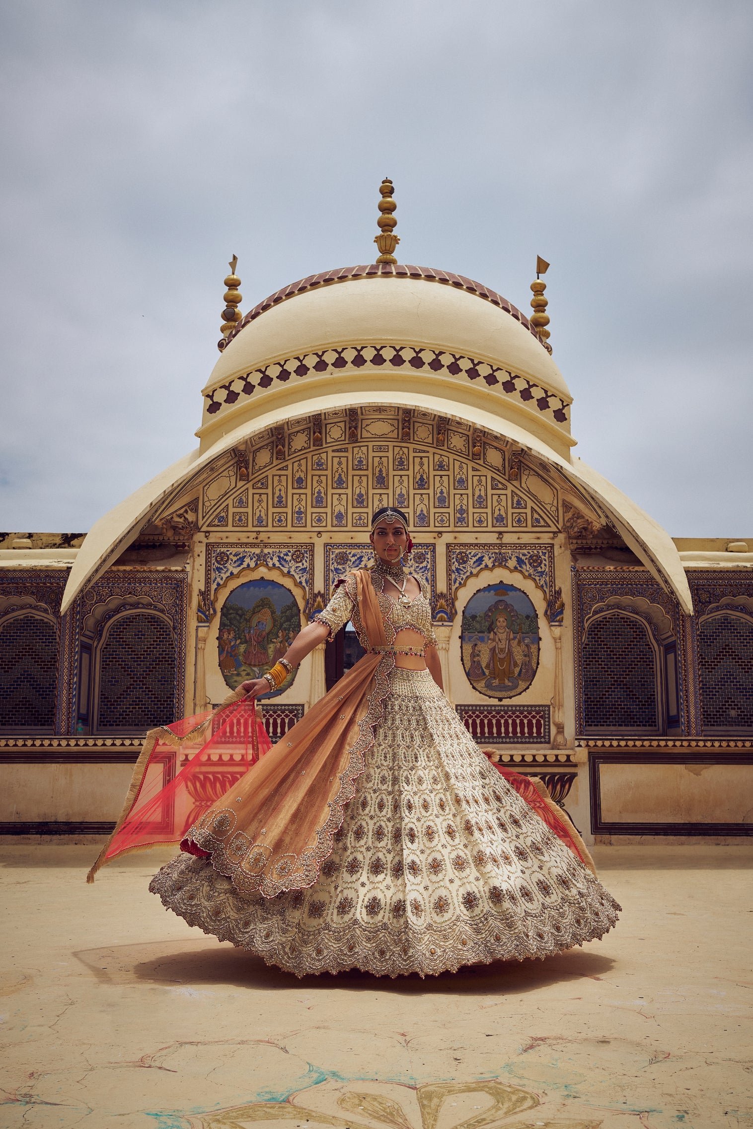 Nitika_Gujral_1635.jpg Gold Tissue Lehenga Choli with a Peach Tissue Dupatta - Image 1
