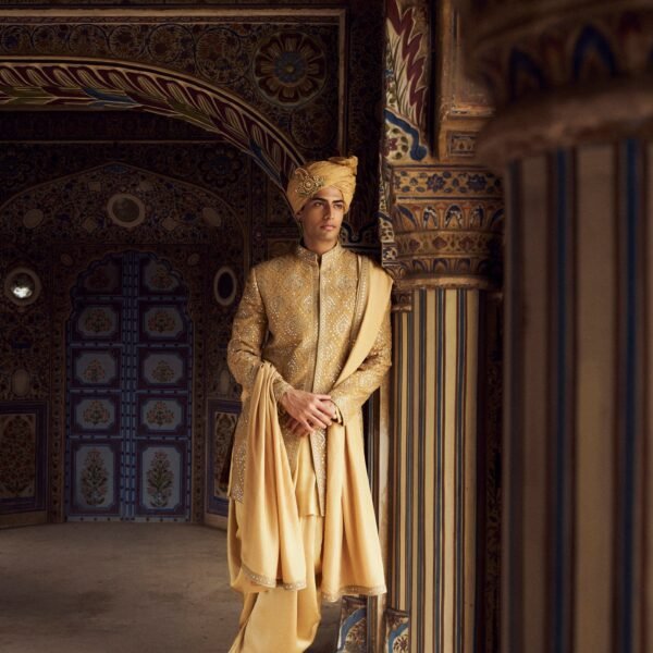 Gold Raw Silk Short Sherwani with a Satin Kurta and Dhoti
