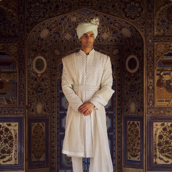 Ivory Raw Silk Sherwani with Kurta Churidar