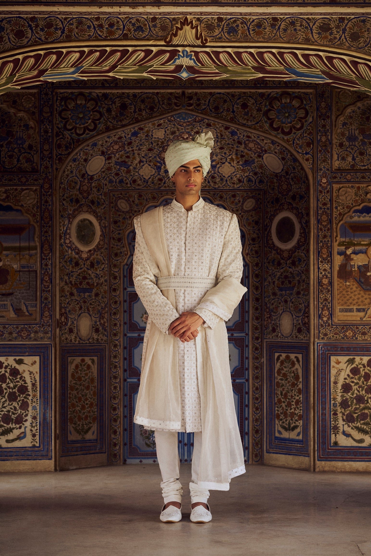 Nitika_Gujral_1931.jpg Ivory Raw Silk Sherwani with Kurta Churidar - Image 1