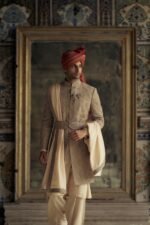 Mocca Raw Silk Sherwani with Kurta and Churidar