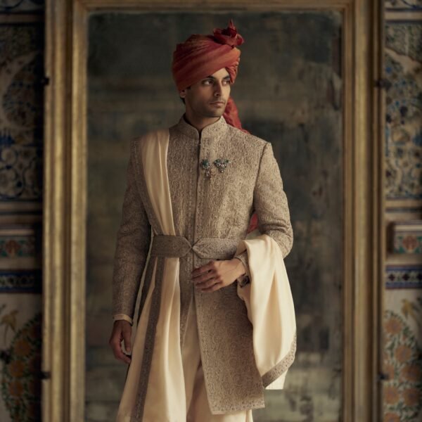 Mocca Raw Silk Sherwani with Kurta and Churidar