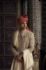 Mocca Raw Silk Sherwani with Kurta and Churidar - Image 3