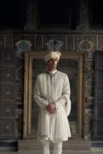Ivory Raw Silk Sherwani with Kurta and Churidar (Tonal Dori)