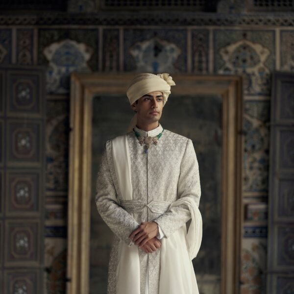 Ivory Raw Silk Sherwani with Kurta and Churidar (Tonal Dori)