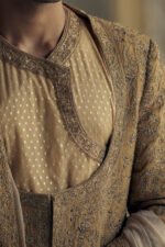 Gold Matka Silk Angrakha Style Sherwani with a Chanderi Booti Choga and Churidar - Image 3