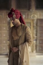 Gold Matka Silk Angrakha Style Sherwani with a Chanderi Booti Choga and Churidar - Image 2