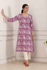 Purple Cotton All-Over Floral Straight Kurta