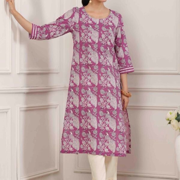 Purple Cotton All-Over Floral Straight Kurta