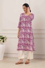 Purple Cotton All-Over Floral Straight Kurta - Image 3