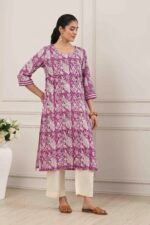 Purple Cotton All-Over Floral Straight Kurta - Image 5