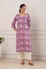 Purple Cotton All-Over Floral Straight Kurta - Image 6