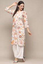 Off-White Cotton Floral Straight Kurta