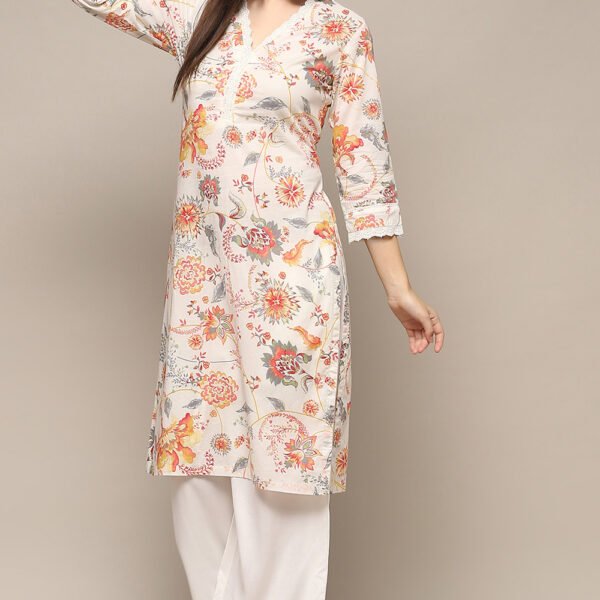 Off-White Cotton Floral Straight Kurta