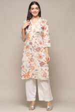 Off-White Cotton Floral Straight Kurta - Image 6
