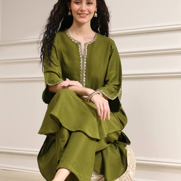 Olive Green Dyed Straight Kurta Set