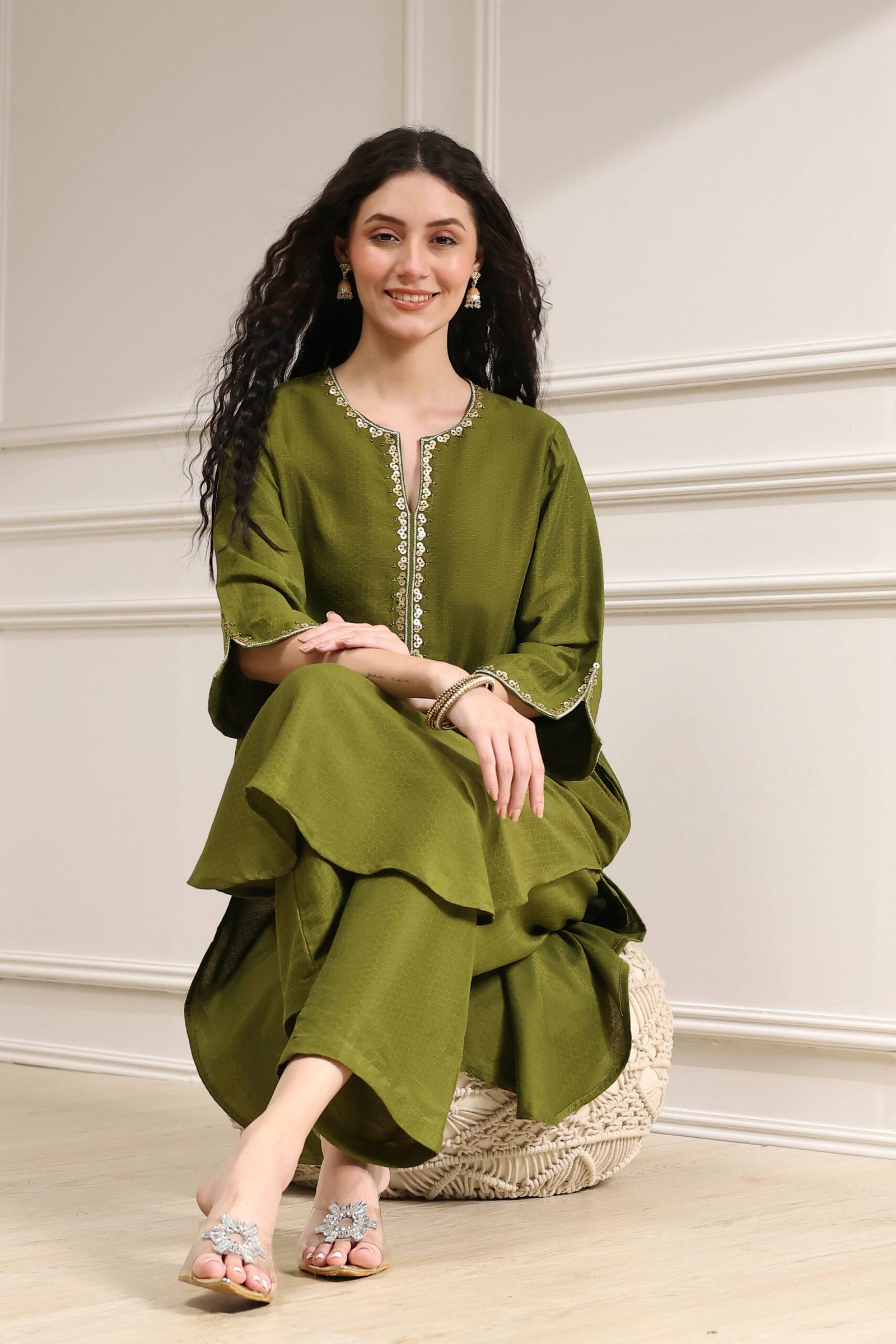 jmwrz30044aw25olv_1.jpg Olive Green Dyed Straight Kurta Set - Image 1