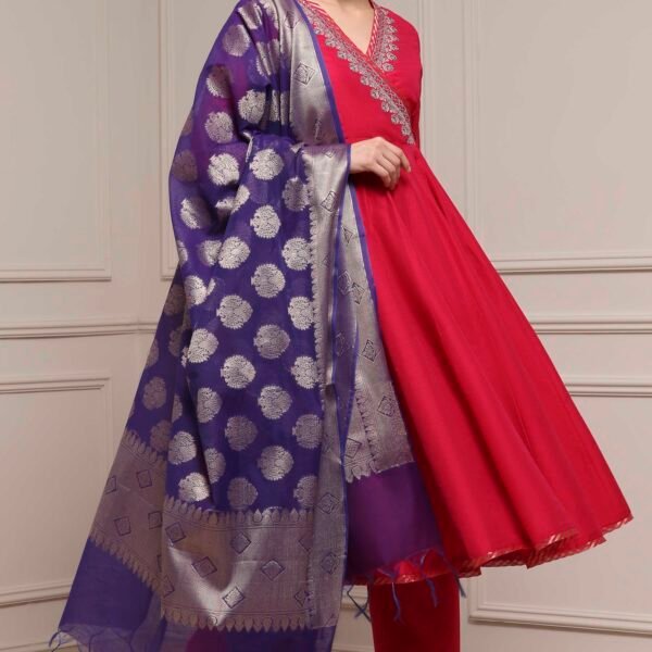Fuchsia Embroidered Angrakha Festive Anarkali Suit Set