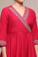 Fuchsia Embroidered Angrakha Festive Anarkali Suit Set - Image 2