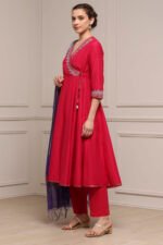 Fuchsia Embroidered Angrakha Festive Anarkali Suit Set - Image 4