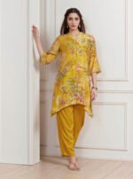 Lime Yellow Chanderi Floral Printed Asymmetric Straight Kurta Set