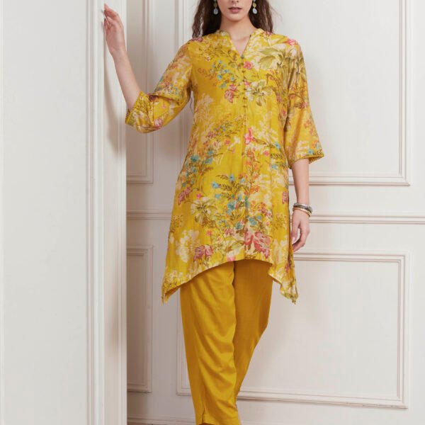 Lime Yellow Chanderi Floral Printed Asymmetric Straight Kurta Set