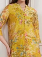 Lime Yellow Chanderi Floral Printed Asymmetric Straight Kurta Set - Image 2