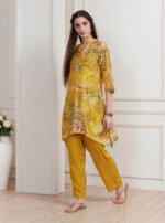 Lime Yellow Chanderi Floral Printed Asymmetric Straight Kurta Set - Image 4