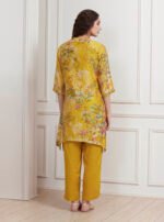 Lime Yellow Chanderi Floral Printed Asymmetric Straight Kurta Set - Image 5